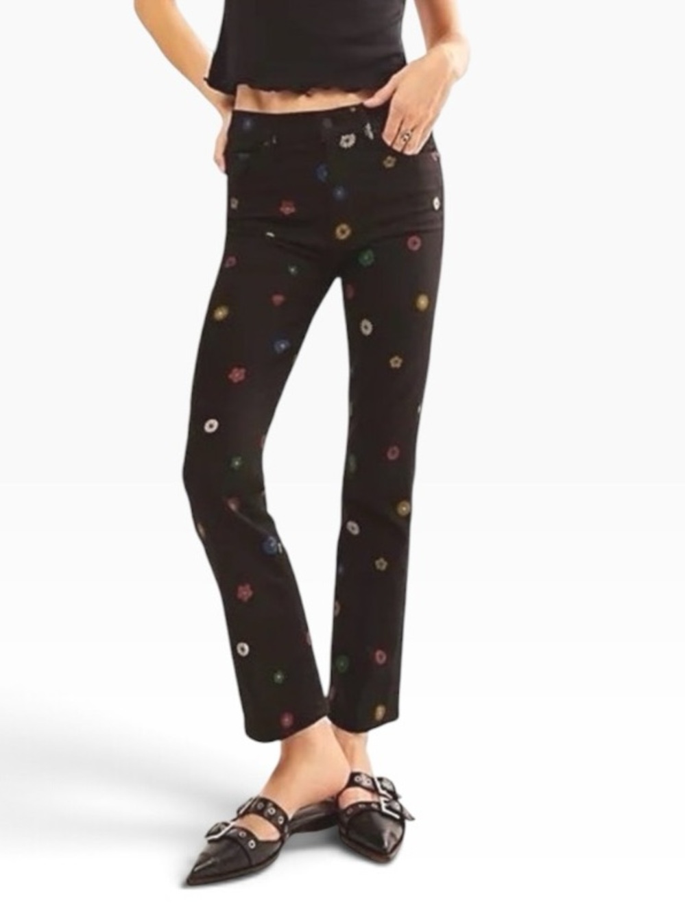 MOTHER The Insider Flood Jeans Fresh As A Daisy Black Floral Size 29 NWOT Retro